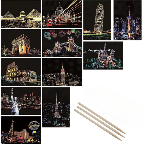 Planet Gates 4Pcs Children DIY Night Scene Art Scratch Painting Toys City Building Landscape Kids Educational Toys Birthday Gift Room Decor