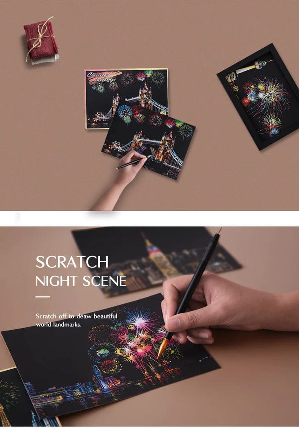 Planet Gates 4Pcs Children DIY Night Scene Art Scratch Painting Toys City Building Landscape Kids Educational Toys Birthday Gift Room Decor