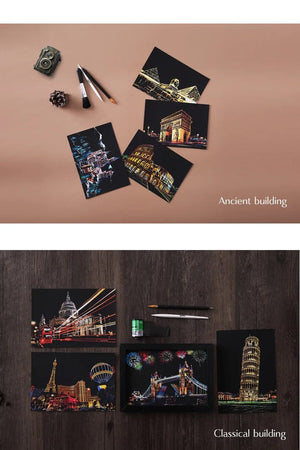 Planet Gates 4Pcs Children DIY Night Scene Art Scratch Painting Toys City Building Landscape Kids Educational Toys Birthday Gift Room Decor