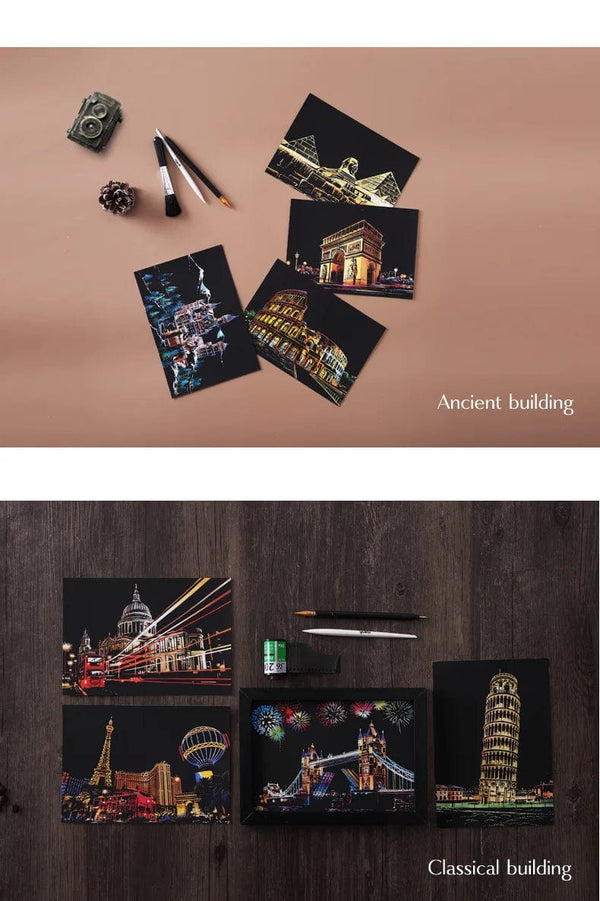 Planet Gates 4Pcs Children DIY Night Scene Art Scratch Painting Toys City Building Landscape Kids Educational Toys Birthday Gift Room Decor