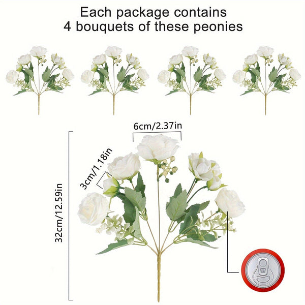 Planet Gates 4pcs High-End Artificial Peony Flower Arrangement 4pcs White Simulation Flowers for Home Desktop Hotel Wedding Table Centerpieces Fake Plastic Decorations for St Patrick's Day and Easter Aesthetic Room Décor