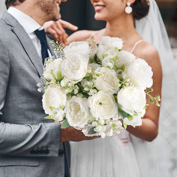 Planet Gates 4pcs High-End Artificial Peony Flower Arrangement 4pcs White Simulation Flowers for Home Desktop Hotel Wedding Table Centerpieces Fake Plastic Decorations for St Patrick's Day and Easter Aesthetic Room Décor