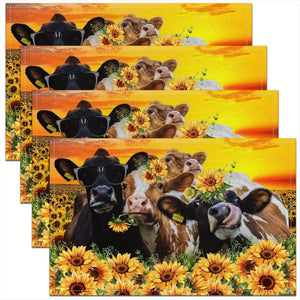 Planet Gates 4pcs Placemats 1/4/6pcs Place Mats, Polyester Placemats Set, Abstract Cow & Yellow Sunflowers Design Placemat, Farmhouse Style Dining Table Mats, For Family, Hotel, Banquet, Holiday, Floral Kitchen Decor, Home Supplies