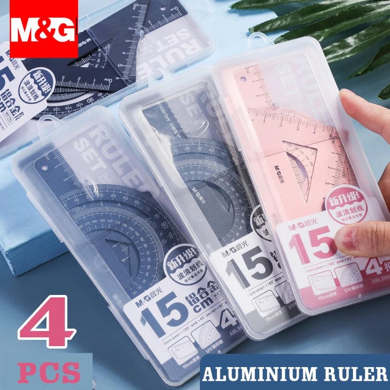 Planet Gates 4Pcs/Set M&G Aluminium Ruler Set Maths Drawing Metal Ruler  Stationery Rulers Mathematical for School