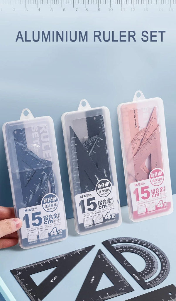 Planet Gates 4Pcs/Set M&G Aluminium Ruler Set Maths Drawing Metal Ruler  Stationery Rulers Mathematical for School