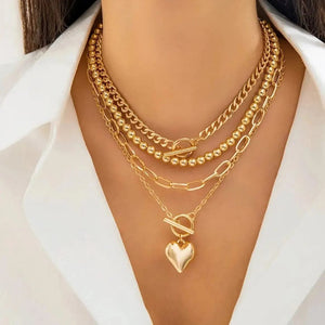 Planet Gates 4Pcs/Set Punk Gold Color Heart Pendant Necklace for Women 2024 Trendy OT Buckle Beaded Neck Chain Choker Y2K Jewelry Accessories
