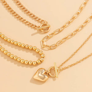 Planet Gates 4Pcs/Set Punk Gold Color Heart Pendant Necklace for Women 2024 Trendy OT Buckle Beaded Neck Chain Choker Y2K Jewelry Accessories