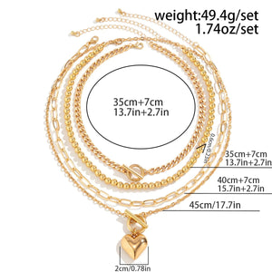 Planet Gates 4Pcs/Set Punk Gold Color Heart Pendant Necklace for Women 2024 Trendy OT Buckle Beaded Neck Chain Choker Y2K Jewelry Accessories