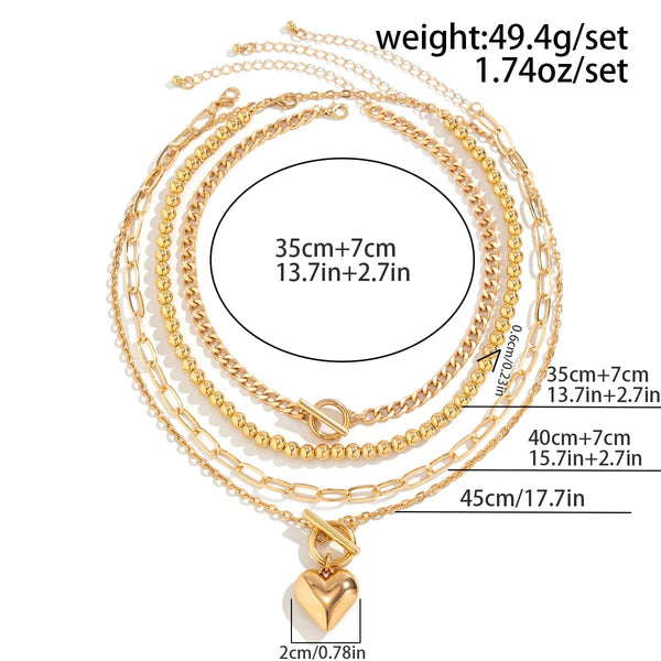 Planet Gates 4Pcs/Set Punk Gold Color Heart Pendant Necklace for Women 2024 Trendy OT Buckle Beaded Neck Chain Choker Y2K Jewelry Accessories