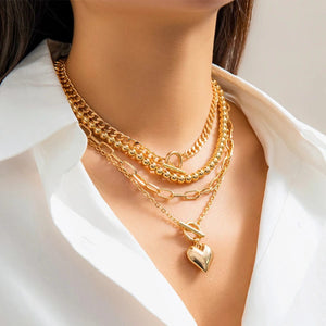 Planet Gates 4Pcs/Set Punk Gold Color Heart Pendant Necklace for Women 2024 Trendy OT Buckle Beaded Neck Chain Choker Y2K Jewelry Accessories