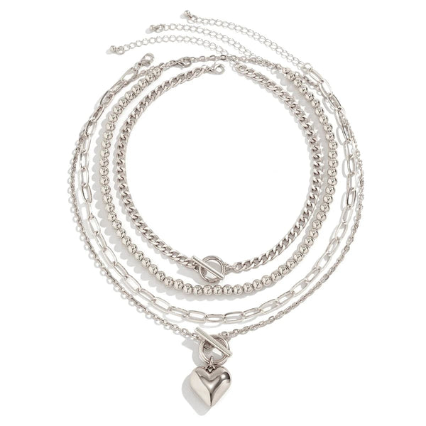 Planet Gates 4Pcs/Set Punk Gold Color Heart Pendant Necklace for Women 2024 Trendy OT Buckle Beaded Neck Chain Choker Y2K Jewelry Accessories