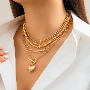 Planet Gates 4Pcs/Set Punk Gold Color Heart Pendant Necklace for Women 2024 Trendy OT Buckle Beaded Neck Chain Choker Y2K Jewelry Accessories