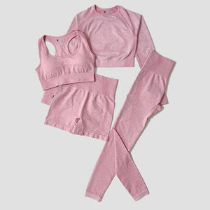Planet Gates 4PCSPink / M(56-62KG) 2/3/5PCS Seamless Women Yoga Set Workout Sportswear Gym Clothing Fitness Long Sleeve Crop Top High Waist Leggings Sports Suits