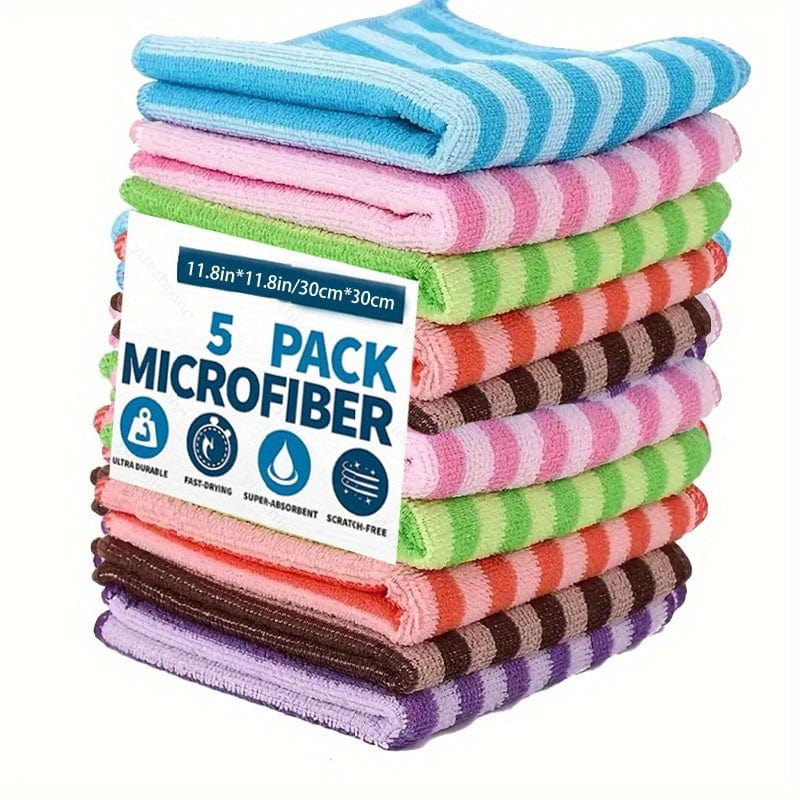 Planet Gates 5/10pcs, Dish Towels, Microfiber Striped Printed Dish Rags, Scouring Pads, Simple Style Cleaning Cloths, Classic Two-color Strips, Absorbent, Easy To Wash And Wash, Random Colors, Cleaning Stuff, Kitchen Supplies