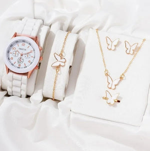 Planet Gates 5/2PCS Set Luxury Watch Women Ring Necklace Earrings Rhinestone Wristwatch Female Casual Ladies Watches Bracelet Clock (No Box)
