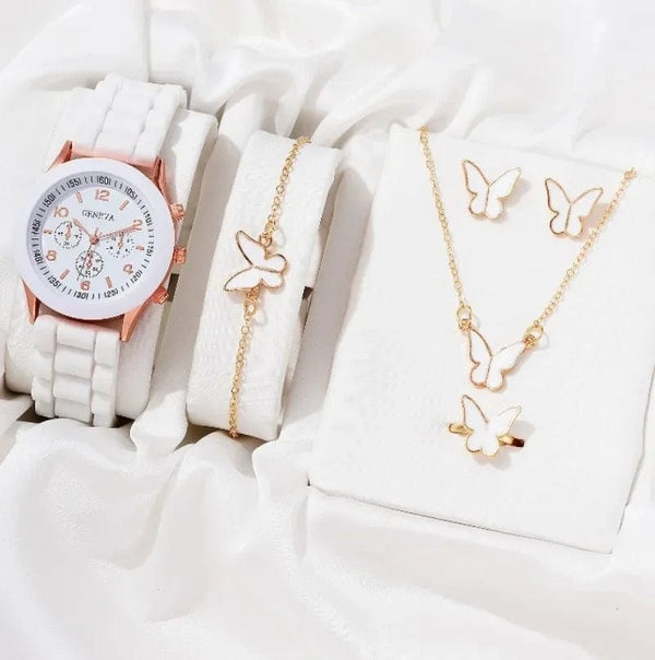 Planet Gates 5/2PCS Set Luxury Watch Women Ring Necklace Earrings Rhinestone Wristwatch Female Casual Ladies Watches Bracelet Clock (No Box)