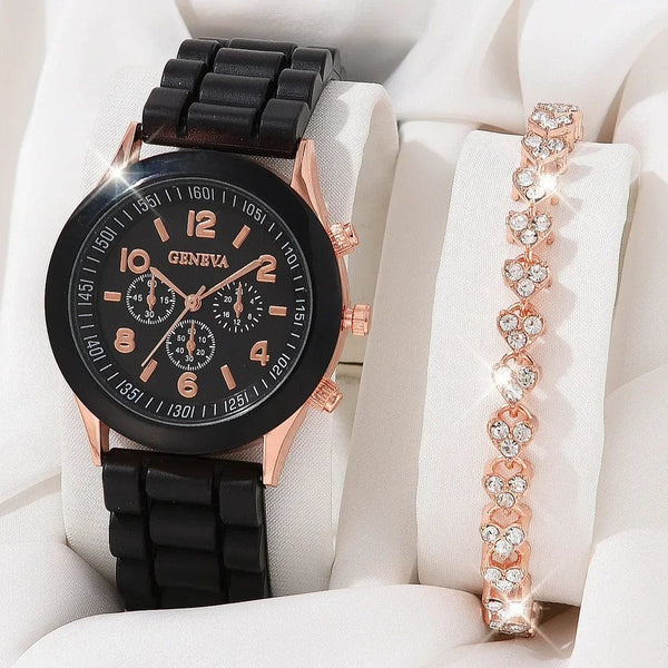 Planet Gates 5/2PCS Set Luxury Watch Women Ring Necklace Earrings Rhinestone Wristwatch Female Casual Ladies Watches Bracelet Clock (No Box)