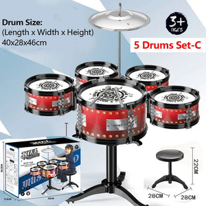 Planet Gates 5 Drums Set-C Jazz Drum Set for Kids 5 Drums / 3 Drums with Small Stool Drum Stick Set Music Instrument Educational Toys for Beginners Gifts