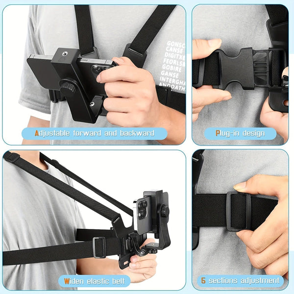 Planet Gates 5 In 1 Bracket 1pc Universal Cell Phone Chest Mount Harness Strap Holder, Outdoor Smartphone POV Video Mobile Phone Clip, Mobile Phone Holder Chest Strap Bracket