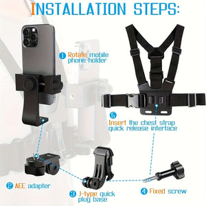 Planet Gates 5 In 1 Bracket 1pc Universal Cell Phone Chest Mount Harness Strap Holder, Outdoor Smartphone POV Video Mobile Phone Clip, Mobile Phone Holder Chest Strap Bracket