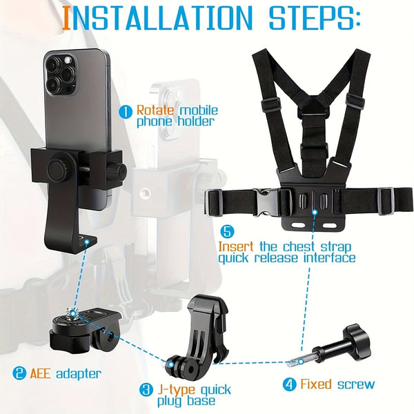 Planet Gates 5 In 1 Bracket 1pc Universal Cell Phone Chest Mount Harness Strap Holder, Outdoor Smartphone POV Video Mobile Phone Clip, Mobile Phone Holder Chest Strap Bracket