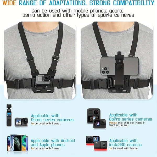 Planet Gates 5 In 1 Bracket 1pc Universal Cell Phone Chest Mount Harness Strap Holder, Outdoor Smartphone POV Video Mobile Phone Clip, Mobile Phone Holder Chest Strap Bracket