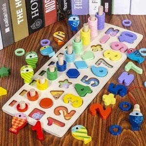 Planet Gates 5 In 1 Kids Montessori Math Toys For Toddlers Educational Wooden Puzzle Fishing Toys Count Number Shape Matching Sorter Games Board Toy