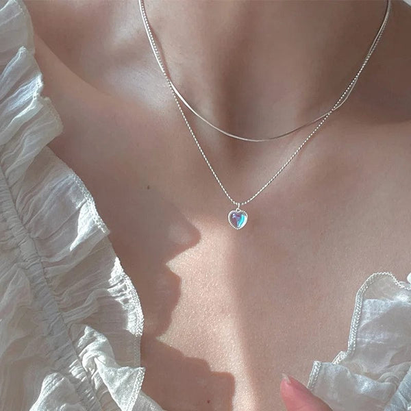 Planet Gates 5 Kpop Heart Necklace French Lucky Bean Love Clavicle Chain Korean Simple Female double layer Necklace Female Pendant for Women