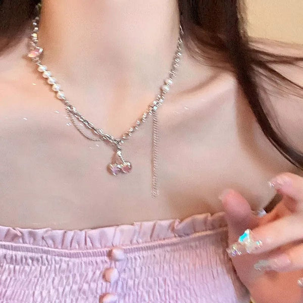 Planet Gates 5 Kpop Heart Necklace French Lucky Bean Love Clavicle Chain Korean Simple Female double layer Necklace Female Pendant for Women