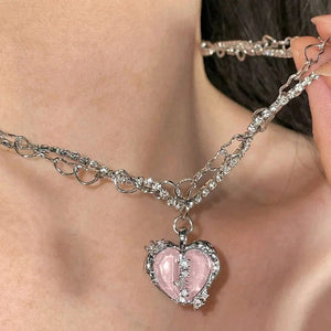 Planet Gates 5 Kpop Heart Necklace French Lucky Bean Love Clavicle Chain Korean Simple Female double layer Necklace Female Pendant for Women