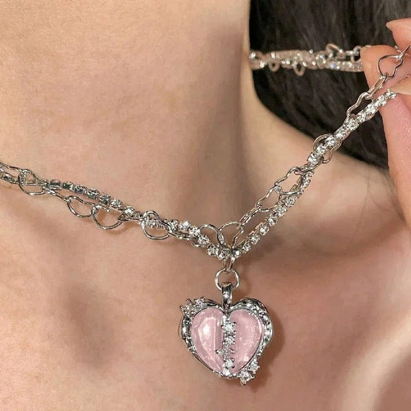 Planet Gates 5 Kpop Heart Necklace French Lucky Bean Love Clavicle Chain Korean Simple Female double layer Necklace Female Pendant for Women