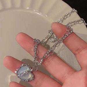 Planet Gates 5 Kpop Heart Necklace French Lucky Bean Love Clavicle Chain Korean Simple Female double layer Necklace Female Pendant for Women