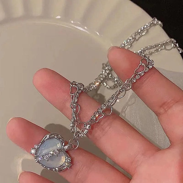 Planet Gates 5 Kpop Heart Necklace French Lucky Bean Love Clavicle Chain Korean Simple Female double layer Necklace Female Pendant for Women