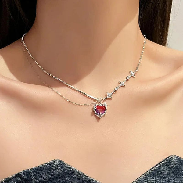 Planet Gates 5 Kpop Heart Necklace French Lucky Bean Love Clavicle Chain Korean Simple Female double layer Necklace Female Pendant for Women