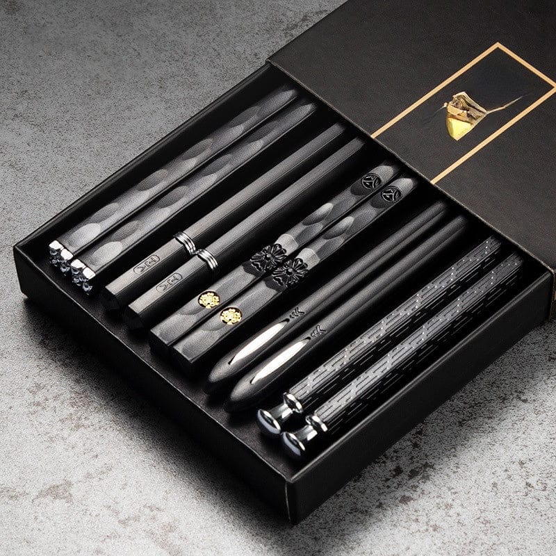 Planet Gates 5 Pairs Black 5 Pairs Reusable Metal Chopsticks Set - Elegant Tableware For Sushi And Asian Cuisine - Perfect Gift For Men And Women