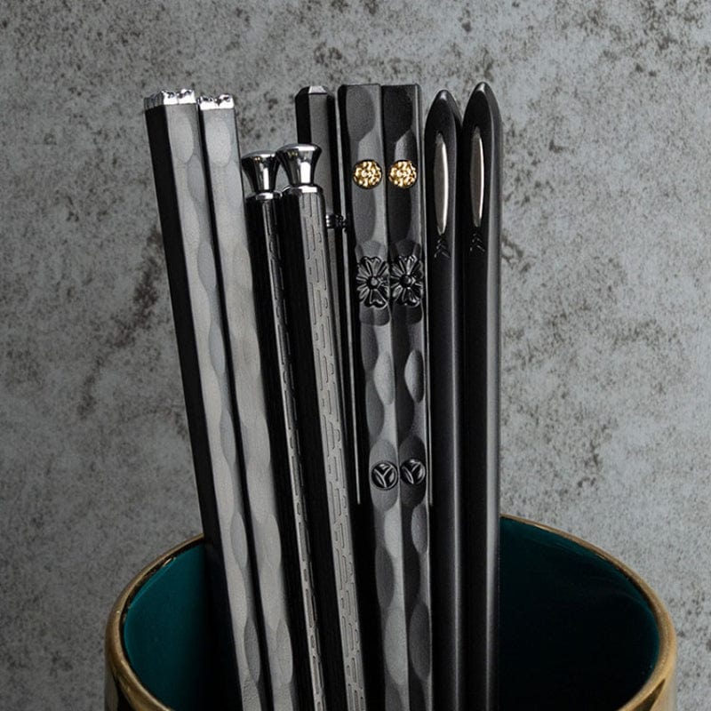 Planet Gates 5 Pairs Black 5 Pairs Reusable Metal Chopsticks Set - Elegant Tableware For Sushi And Asian Cuisine - Perfect Gift For Men And Women
