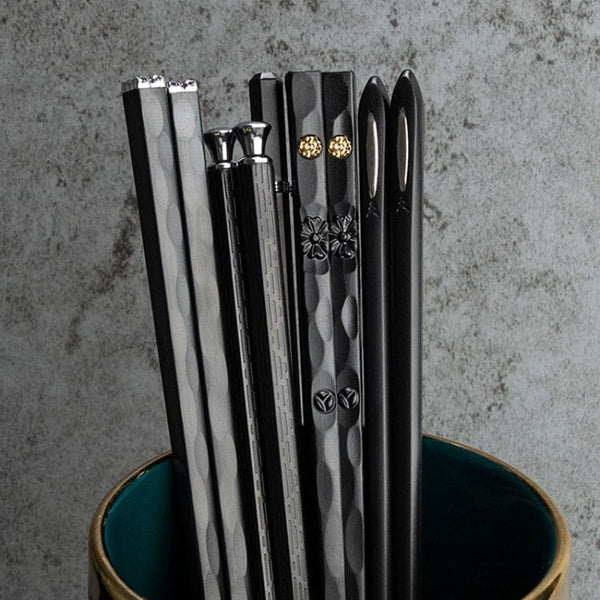 Planet Gates 5 Pairs Black 5 Pairs Reusable Metal Chopsticks Set - Elegant Tableware For Sushi And Asian Cuisine - Perfect Gift For Men And Women