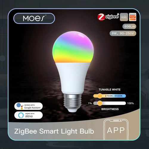 Planet Gates 5 PCs / CHINA MOES 1-9PCS 9W AC90-240V Tuya ZigBee Smart LED Light Bulb RGB E27 Dimmable APP Remote Control Alexa Google Home Voice Control