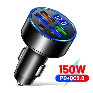 Planet Gates 5 Port Volt display 250W PD Car Charger QC3.0 Fast Charge One to Six Car Cigarette Lighter Plug 5 Port Car Charger Flash Charge with Digital Display