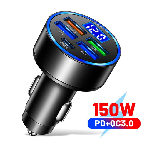 Planet Gates 5 Port Volt display 250W PD Car Charger QC3.0 Fast Charge One to Six Car Cigarette Lighter Plug 5 Port Car Charger Flash Charge with Digital Display