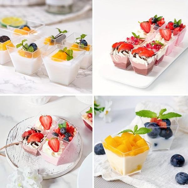 Planet Gates 50/100pcs Clear Plastic Dessert Cups, Square Mousse Pudding Yogurt Cups, Suitable For Cakes, Ice Cream, Appetizers, For Party & Wedding Gatherings, Party Supplies, Tableware Accessories