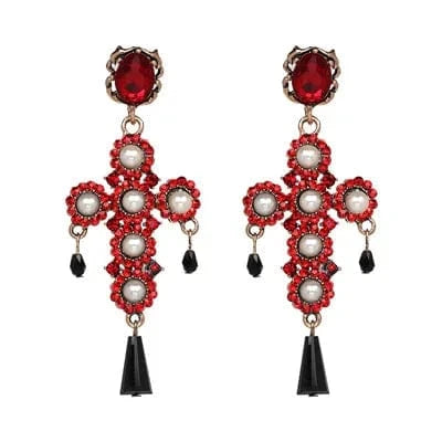 Planet Gates 50240-RD JURAN Baroque Vintage Big Cross Earrings For Women Large Long Earrings Jewelry Brincos Rhinestones Dangle Earrings Bijoux 2019