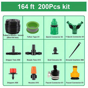 Planet Gates 50m Pipe Watering Set 1 Pack, Garden Drip Irrigation Kit, 164FT/50M Greenhouse Micro Automatic Drip Irrigation System Kit With 1/4 Inch Blank Distribution Tubing Hose Adjustable Patio Misting Nozzle Emitters Sprinkler Barbed Fittings