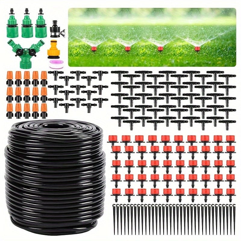 Planet Gates 50m Pipe Watering Set 1 Pack, Garden Drip Irrigation Kit, 164FT/50M Greenhouse Micro Automatic Drip Irrigation System Kit With 1/4 Inch Blank Distribution Tubing Hose Adjustable Patio Misting Nozzle Emitters Sprinkler Barbed Fittings