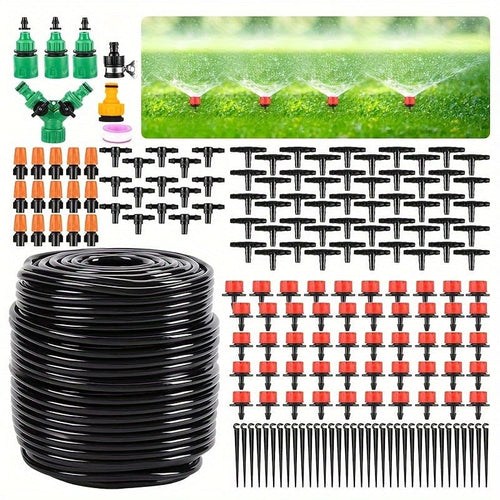 Planet Gates 50m Pipe Watering Set 1 Pack, Garden Drip Irrigation Kit, 164FT/50M Greenhouse Micro Automatic Drip Irrigation System Kit With 1/4 Inch Blank Distribution Tubing Hose Adjustable Patio Misting Nozzle Emitters Sprinkler Barbed Fittings