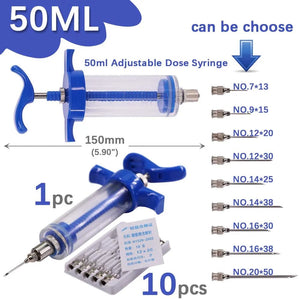 Planet Gates 50ml kit / NO.16 x 38mm 10/20/30/50ml Veterinary Tool Vaccine Syringe with 10 Needles for Farm Livestock Pig Cattle Sheep Chicken Pinhead Injection Tool