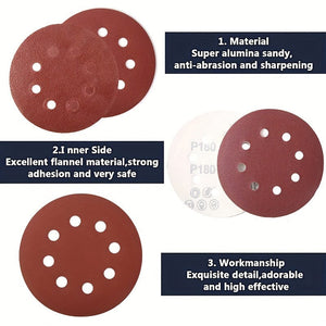 Planet Gates 50pcs 50pcs 12.5cm/4.92in Sandpaper Round Sanding Discs - 8 Hole Hook & Loop Sander Polishing Pad for Buffing & Sanding