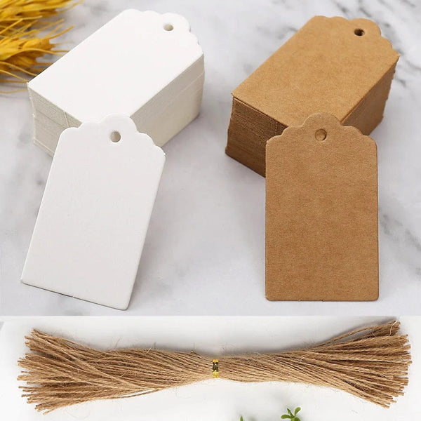 Planet Gates 50pcs Kraft Paper Tags White Cardboard Cards with Strings Wedding Birthday Christmas Party Gift Tag Cookie Packaging Supplies