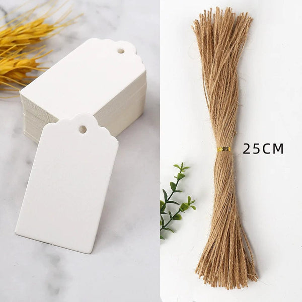 Planet Gates 50pcs Kraft Paper Tags White Cardboard Cards with Strings Wedding Birthday Christmas Party Gift Tag Cookie Packaging Supplies