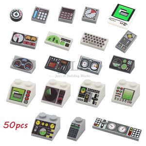 Planet Gates 50pcs MOC City Bricks Tile Slope Gauges Controls Center Radar Screen Keypad Pattern Printed Building Blocks Kit Instrument Toys